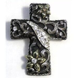 CROSS Clip Necklace Pendant 2.5" Long Multi Tone VINTAGE Floral Bling Jeweled